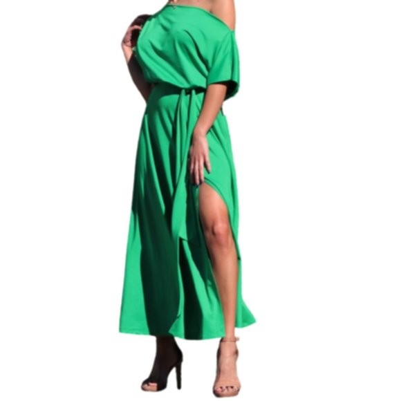 Dress Day Dresses & Skirts - Dress Day - Kelly Green Off Shoulder Stretch Maxi Dress